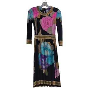 Vintage 1970s Floral Leonard Paris Fashion Silk Jersey Dress Size 2